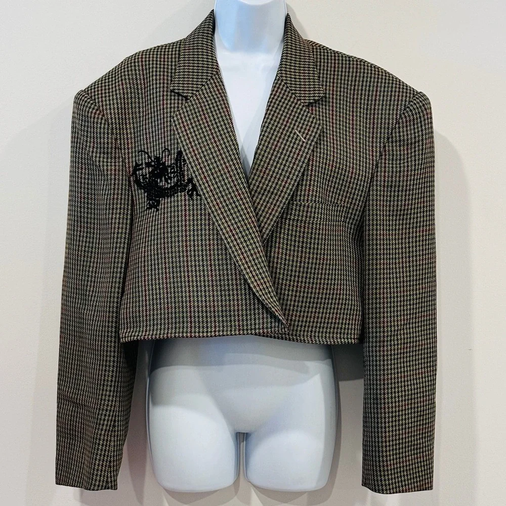 Refashioned Vintage Multicolor Houndstooth Mens Blazer Cropped Oversized OOAK XL